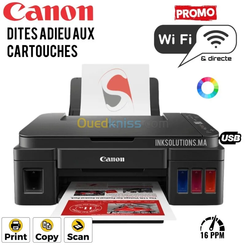 Canon PIXMA G3410 Imprimante Multifonction Jet d Encre Couleur WiFi A4 avec Reservoir Rechargeable