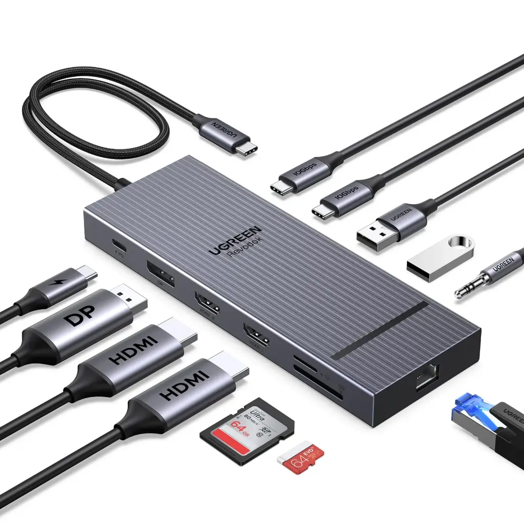 🔌 موزع UGREEN REVODOK PRO USB-C ‏12 في 1 – ثلاث شاشات 4K / HDMI + DisplayPort / شحن 100W
