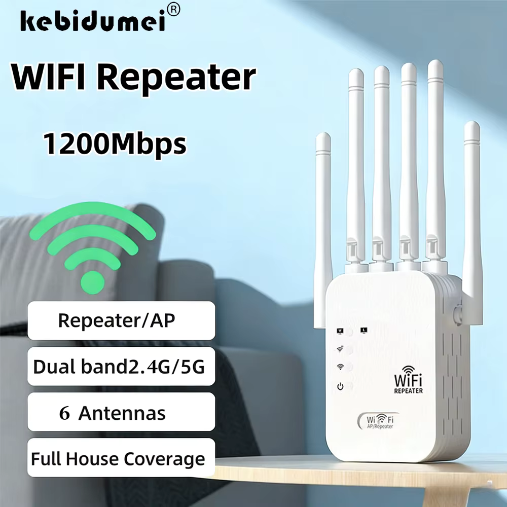 📡 مقوّي إشارة Wi-Fi 1200M – ثنائي النطاق / 2.4GHz + 5GHz / هوائيات خارجية