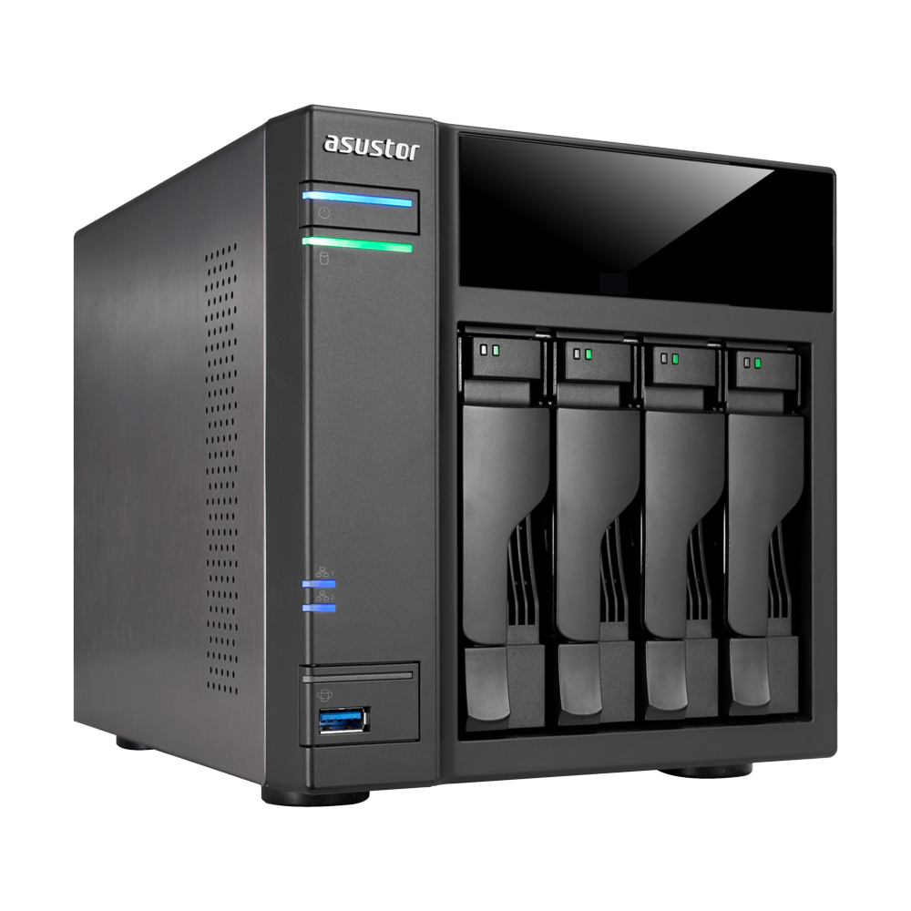 🗄️ جهاز NAS من ASUSTOR AS6104T – 4 منافذ للأقراص – Intel Celeron ثنائي النواة – ذاكرة 2GB DDR3L قابلة للترقية – منفذا Gigabit Ethernet