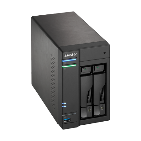 🗄️ جهاز NAS من ASUSTOR AS6202T – منفذان للأقراص – Intel Celeron رباعي النواة – ذاكرة 4GB DDR3L – 2× Gigabit Ethernet
